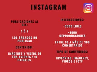 INSTAGRAM
PUBLICACIONES AL
DÍA:
1 Ó 2
LOS SÁBADOS NO
PUBLICAN
CONTENIDO:
IMÁGENES Y VIDEOS DE
LOS AVIONES Y/O
PAISAJES.
INTERACCIONES:
+3000 LIKES
+4000
REPRODUCCIONES
ENTRE 10 A MÁS DE 300
COMENTARIOS
TIPO DE CONTENIDOS:
HISTORIAS, IMÁGENES,
VIDEOS E IGTV
 