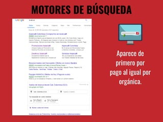 MOTORES DE BÚSQUEDA
Aparece de
primero por
pago al igual por
orgánica.
 