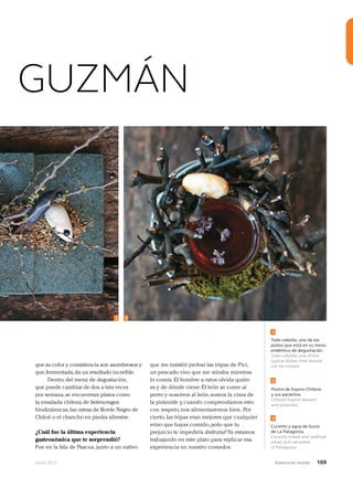 Junio 2013 Avianca en revista 169
Todo cebolla, uno de los
platos que está en su menú
endémico de degustación.
Todo cebolla, one of the
typical dishes that should
not be missed.
Curanto y agua de lluvia
de La Patagonia.
Curanto (meat and seafood
stew) and rainwater
in Patagonia.
Postre de Espino Chileno
y sus parásitos.
Chilean Espino dessert
and parasites.
1
2 3
3
2
GUZMÁN
que su color y consistencia son asombrosos y
que,fermentada,da un resultado increíble.
Dentro del menú de degustación,
que puede cambiar de dos a tres veces
por semana,se encuentran platos como
la ensalada chilena de beterwragas
biodinámicas,las ostras de Borde Negro de
Chiloé o el chancho en piedra silvestre.
¿Cuál fue la última experiencia
gastronómica que te sorprendió?
Fue en la Isla de Pascua,junto a un nativo
que me insistió probar las tripas de Pici,
un pescado vivo que me miraba mientras
lo comía.El hombre a ratos olvida quién
es y de dónde viene.El león se come al
perro y nosotros al león,somos la cima de
la pirámide y,cuando comprendamos esto
con respeto,nos alimentaremos bien. Por
cierto,las tripas eran mejores que cualquier
erizo que hayas comido,¡solo que tu
prejuicio te impediría disfrutar! Ya estamos
trabajando en este plato para replicar esa
experiencia en nuestro comedor.
 