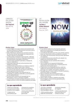 NEGOCIOS BUSINESS / Publicaciones Publications
250 Junio 2013Avianca en revista
Puntos clave
• La tecnología con la que crecieron los miembros de
la ‘Nueva Generación’ básicamente los formó y ahora
ellos la están formando a ella.
• Estos ‘Net Geners’ (jóvenes que crecieron en la era
de Internet) utilizan tecnología de computación de
manera natural y con facilidad.
• Los Net Geners comparten ‘ocho normas’: “libertad,
personalización, escrutinio, integridad, colaboración,
entretenimiento, velocidad e innovación”.
• Los Net Geners prefieren aprender y trabajar de
manera colaborativa.
• Este grupo espera que las comunicaciones sean
rápidas y frecuentes.
• Los Net Geners personalizan sus compras y esperan
colaborar con negocios para hacer mejoras.
• Los Net Geners están más unidos a sus familias y
encuentran esta relación más segura y democrática
que las generaciones anteriores.
• Los Net Geners juzgan a las empresas por su
integridad, sus prácticas laborales y su preocupación
por el medioambiente.
• Los Net Geners quieren ser evaluados por su
desempeño, no por su jerarquía o lealtad.
• Los Net Geners no hacen grandes distinciones entre el
trabajo y el ocio, ni entre sus esferas públicas y privadas.
• Cómo le ha afectado
a una generación haber
crecido en la era digital.
• Cuáles son las
características que
comparten los miembros
de la ‘Generación Net’.
• Cómo está cambiando
al mundo esta
generación.
• Por qué su compañía
debe participar en ese
nuevo paradigma cultural.
• Cómo la dinámica de los
medios de comunicación
social está cambiando
los negocios.
• Cómo usar siete claves
para tener éxito en el
comercio en línea.
Puntos clave
• El uso de los medios de comunicación social por
parte de las empresas es la oleada del futuro, un
futuro que empezó ayer.
• La ‘revolución del ahora’ permite a los clientes analizar
tanto sus intenciones como su producto o servicio.
• Los medios de comunicación social ya están afectando
a su empresa.
• La cultura empresarial se beneficia de adoptar los
medios de comunicación social.
• Sus empleados son los auxiliares de la cultura
de su empresa.
• Use el modelo de un equipo de fútbol para
instrumentar las iniciativas de su empresa para los
medios de comunicación social.
• Proporcione a sus empleados políticas sobre los
medios de comunicación social que los animen a
participar con “rapidez, entusiasmo y eficacia”.
• No puede ignorar lo que se dice en Twitter, Facebook u
otros foros sobre su compañía.
• Siga la ‘autopista de la humanización’ para
evaluar sus avances en el uso de los medios de
comunicación social.
• Lleve a cabo un análisis cuidadoso para elegir
las estrategias y herramientas apropiadas para
su situación actual.
Lo que aprenderás Lo que aprenderás
Fuente: getAbstract, el proveedor líder mundial de resúmenes de libros de negocios. getabstract.com/es/
CRIADOS
EN LA ERA ERA A
DIGITADIGITADIGIT L
Don Tapscott
McGraw-Hill,
2008
LA
REVOLUCIÓN
DEL AHORA
Jay Baer y
Amber Naslund
John Wiley &
Sons,Inc.,2011
 