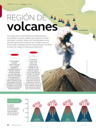 62 Junio 2013Avianca en revista
VIAJES TRAVEL / Areiruui NskjfhsdhVIAJES TRAVEL / Areiruui Nskjfhsdh
A lo largo de la costa Pacífica centroamericana
se extiende una gran cadena de volcanes. Ya sean
dormidos o activos, todos son considerados como
grandes atractivos turísticos de la región, pues así
como están rodeados de hermosos paisajes, también
lo están de mágicas historias y tradiciones.
volcanes
REGIÓN DE
GUATEMALA
EL SALVADOR
1
2
El cielo de
los países
centroamericanos
se ve cortado por
monumentales
colosos. Estos son
los 10 más altos.
EN LA CIMA DE
CENTROAMÉRICA
0
5.000
4.000
3.000
2.000
1.000
msnm
VIAJES TRAVEL / Geología Geology
A lo largo de la costa Pacífica centroamericana
se extiende una gran cadena de volcanes. Ya sean
dormidos o activos, todos son considerados como
grandes atractivos turísticos de la región, pues así
como están rodeados de hermosos paisajes, también
lo están de mágicas historias y tradiciones.
volcanes EL SALVADOR
1
2
Centroamérica
se puede
recorrer de norte
a sur y viceversa
siguiendo la
llamada Ruta de los
Volcanes.Además
de ofrecer paradas
en cada coloso para
observar la naturaleza
y las tradiciones en
los pueblos cercanos a
cada uno de ellos, la ruta
incluye planes turísticos,
tanto para los interesados
en relajarse, como para los
aventureros amantes de
deportes extremos.
Guatemala
es uno de los
países más
sísmicos del
mundo. En sus
108.889 km² de
extensión hay 38
volcanes; algunos
son los más altos de
la región. El Salvador
no se queda atrás:
90% de su territorio
está conformado por
materiales volcánicos
y ostenta 23 volcanes,
cuatro de ellos activos. En
el otro lado de la balanza
están Honduras y Belice,
que no tienen volcanes.
PAÍS
VOLCÁNICO
LA RUTA
3.537
ATITLÁN
GUATEMALA
3.475
BARÚ
PANAMÁ
3.432
IRAZÚ
COSTA RICA
3.158
TOLIMÁN
GUATEMALA
Foto:LatinstockColombia/Corbis
 