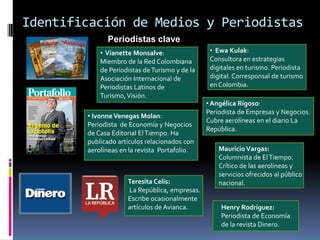 Identificación de Medios y Periodistas
              Periodistas clave
            • Vianette Monsalve:                 • Ewa Kulak:
            Miembro de la Red Colombiana         Consultora en estrategias
            de Periodistas de Turismo y de la    digitales en turismo. Periodista
            Asociación Internacional de          digital. Corresponsal de turismo
            Periodistas Latinos de               en Colombia.
            Turismo, Visión.
                                                • Angélica Rigoso:
                                                Periodista de Empresas y Negocios.
        • Ivonne Venegas Molan:
                                                Cubre aerolíneas en el diario La
        Periodista de Economía y Negocios
                                                República.
        de Casa Editorial El Tiempo. Ha
        publicado artículos relacionados con
        aerolíneas en la revista Portafolio.        Mauricio Vargas:
                                                    Columnista de El Tiempo.
                                                    Crítico de las aerolíneas y
                                                    servicios ofrecidos al público
                     Teresita Celis:                nacional.
                     La República, empresas.
                     Escribe ocasionalmente
                     artículos de Avianca.          Henry Rodríguez:
                                                    Periodista de Economía
                                                    de la revista Dinero.
 