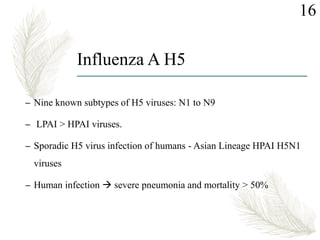 Influenza A H5
– Nine known subtypes of H5 viruses: N1 to N9
– LPAI > HPAI viruses.
– Sporadic H5 virus infection of humans - Asian Lineage HPAI H5N1
viruses
– Human infection  severe pneumonia and mortality > 50%
16
 