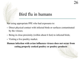 Bird flu in humans
Not using appropriate PPE who had exposures to:
– Direct physical contact with infected birds or surfaces contaminated
by the viruses;
– Being in close proximity (within about 6 feet) to infected birds;
– Visiting a live poultry market.
Human infection with avian influenza viruses does not occur from
eating properly cooked poultry or poultry products
26
 