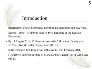 Introduction
– Bangladesh, China, Cambodia, Egypt, India, Indonesia and Viet Nam.
– Europe - 2010 - wild birds dead in Tyva Republic of the Russian
Federation.
– By 19 August 2011, 565 human cases with 331 deaths (fatality rate
58.6%) - World Health Organization (WHO).
– India remained free from avian influenza till mid February 2006.
– First H5N1 outbreak in state of Maharashtra, Gujarat- 10.44 lakh birds
culled.
5
 