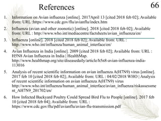 1. Information on Avian influenza [online]. 2017April 13 [cited 2018 feb 02]; Available
from: URL :https://www.cdc.gov/flu/avianflu/index.htm
2. Influenza (avian and other zoonotic) [online]. 2018 [cited 2018 feb 02]; Available
from: URL : http://www.who.int/mediacentre/factsheets/avian_influenza/en/
3. Influenza [online]. 2018 [cited 2018 feb 02]; Available from: URL :
http://www.who.int/influenza/human_animal_interface/en/
4. Avian Influenza in India [online]. 2009 [cited 2018 feb 02]; Available from: URL :
H5N8 Avian Influenza in India | HealthMap.
http://www.healthmap.org/site/diseasedaily/article/h5n8-avian-influenza-india-
113016
5. Analysis of recent scientific information on avian influenza A(H7N9) virus [online].
2017 feb 10 [cited 2018 feb 02]; Available from: URL : 04/02/2018 WHO | Analysis
of recent scientific information on avian influenza A(H7N9) virus
http://www.who.int/influenza/human_animal_interface/avian_influenza/riskassessme
nt_AH7N9_201702/en/
6. How Infected Backyard Poultry Could Spread Bird Flu to People [online]. 2017 feb
10 [cited 2018 feb 04]; Available from: URL :
https://www.cdc.gov/flu/pdf/avianflu/avian-flu-transmission.pdf
66References
 