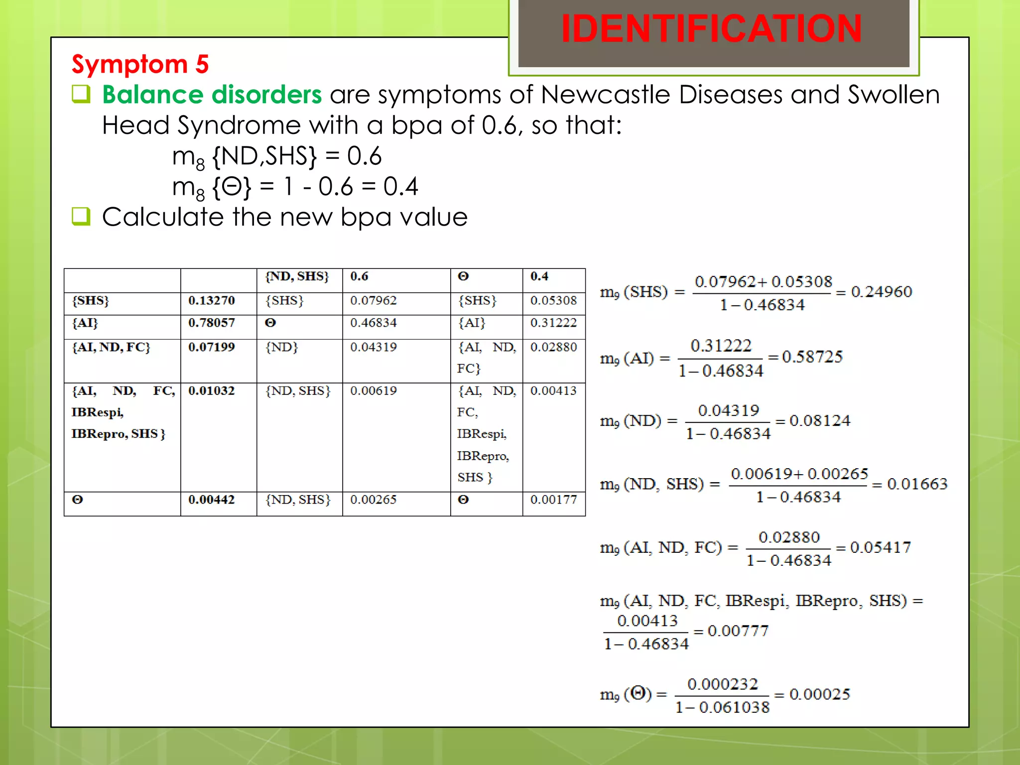 IDENTIFICATION
Symptom 5
 Balance disorders are symptoms of Newcastle Diseases and Swollen
  Head Syndrome with a bpa of 0.6, so that:
       m8 {ND,SHS} = 0.6
       m8 {Θ} = 1 - 0.6 = 0.4
 Calculate the new bpa value
 