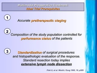 Fink U, et al. World J Surg 1995, 19, p509 Accurate  pretherapeutic staging Composition of the study population controlled for  performance status  of the patients Standardization  of surgical procedures  and histopathologic evaluation of the response. Standard resection today implies extensive lymph node dissection Multimodal Preoperative Treatment: Ideal Trial Prerequisites 1 2 3 