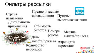 Фильтры рассылки 
Предпочитаемые 
авиакомпании 
Пункты 
вылета/назначения 
Стоимость 
билетов 
Даты 
вылета/прилёта 
Страна 
назначения 
Месяца 
вылета/прилёта 
Длительность 
прибывания 
Количество 
пересадок 
Номера 
рейсов 
Аэропорты 
пересадок 
 