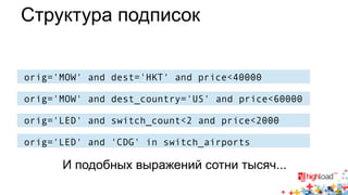 Структура подписок 
orig='MOW' and dest='HKT' and price<40000 
orig='MOW' and dest_country='US' and price<60000 
orig='LED' and switch_count<2 and price<2000 
orig='LED' and 'CDG' in switch_airports 
И подобных выражений сотни тысяч... 
 