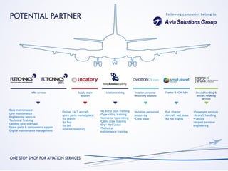 •Base maintenance                                              •Ab Initio pilot training
                                    Online 24/7 aircraft                                   •Aviation personnel   •Full charter         •Passenger services
•Line maintenance                                              •Type rating training
                                    spare parts marketplace:                               resourcing            •Aircraft wet lease   •Aircraft handling
•Engineering services                                          •Instructor type rating
                                    •to search                                             •Crew lease           •Ad hoc flights       •Fuelling
•Technical Training                                            •Cabin crew training
                                    •to buy                                                                                            •Airport terminal
•Landing gear overhaul                                         •Dry/ Wet Lease
                                    •to sell                                                                                           engineering
•Spare parts & components support                              •Technical
                                    aviation inventory
•Engine maintenance management                                 maintenance training
 