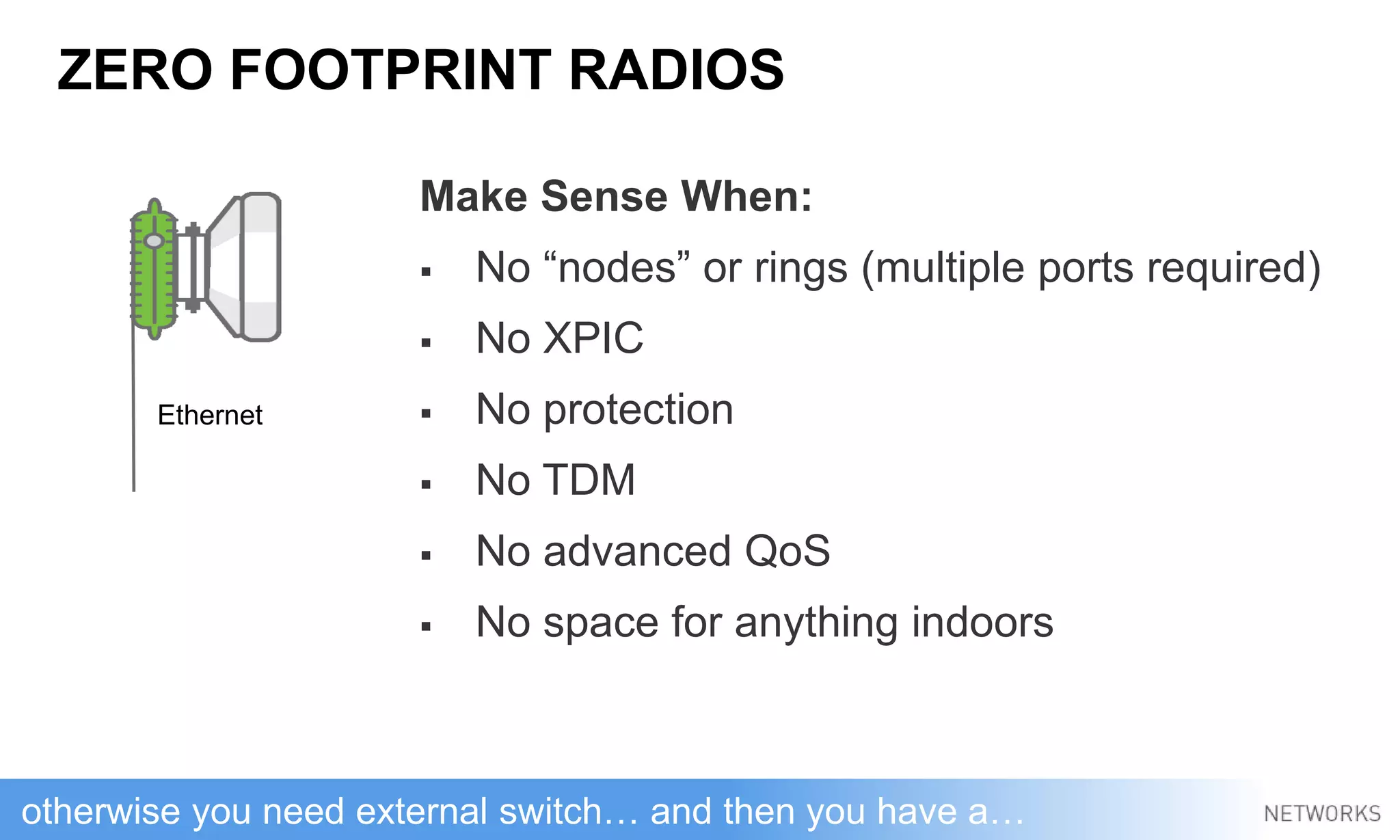 ZERO FOOTPRINT RADIOS
Make Sense When:
 No “nodes” or rings (multiple ports required)
 No XPIC
 No protection
 No TDM
 No advanced QoS
 No space for anything indoors
Ethernet
otherwise you need external switch… and then you have a…
 