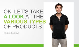 OK, LET’S TAKE
A LOOK AT THE
VARIOUS TYPES
OF PRODUCTS
(table display)
 