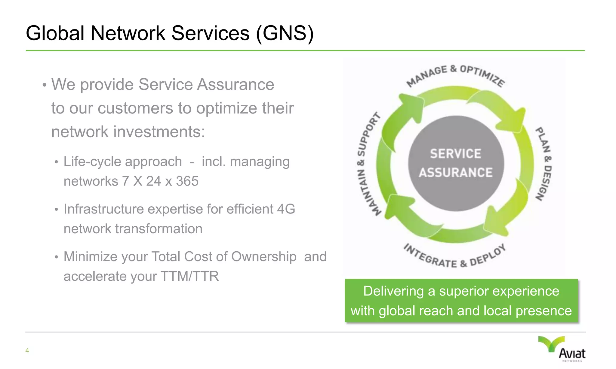 Global Network Services (GNS)We provide Service Assurance to our customers to optimize their network investments:Life-cycle approach  -  incl. managing networks 7 X 24 x 365Infrastructure expertise for efficient 4G network transformationMinimize your Total Cost of Ownership  and accelerate your TTM/TTR4Delivering a superior experience with global reach and local presence