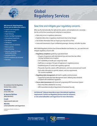 Global
                                              Regulatory Services
With Universal’s Global Regulatory
Services, you can address your needs in:
                                              Save time and mitigate your regulatory concerns.
•   Customs and immigration                   When you ﬂy internationally, the right permits, waivers, and exemptions are a necessity –
•   APIS transmissions                        but this can be time-consuming and costly due to many factors:
•   Flight following
•   Border Overflight Exemptions
                                               •   Data entry errors in regulatory submissions
•   International travel forms                 •   Duplicate data entry in regulatory resubmissions due to trip changes
•   Visa Waiver Program                        •   Out-of-date information that can impact your trip and incur ﬁnes
•   TSA Waivers
                                               •   Unsecured transmission of your conﬁdential passenger, itinerary, and other trip data
•   Master Crew List assistance
•   Mexico permits
•   Export licensing                          With Global Regulatory Services from Universal Weather and Aviation, Inc., you save time and
•   Electronic System for Travel              mitigate regulatory concerns with:
    Authorization (ESTA)                       •   Regulatory compliance guided by a specialized team
•   Australian ETA/CTA
                                                    – 50 years of experience with international trips and more than two million
•   EU-ETS compliance (eu-ets.aero)
                                                      trip legs facilitated since inception
•   And more
                                                    – 24/7 availability to handle your unique trip needs
                                                    – Staff have an average of 10 years of experience in regulatory services
                                                    – Established points of contact with regulatory agencies
                                                    – Thousands of permits, waivers, APIS submissions, and more processed each month
                                                    – Up-to-date information on permits, waivers, and visa requirements
                                                      for countries worldwide
                                               •   Regulatory data management with built-in quality control processes
                                                   – Supported by dedicated Data Management team, following data standards
                                                     compliant with established regulations
                                               •   Secure data transmission with Universal’s proprietary APIS Transmission System
For assistance from the Regulatory                 – Data entry ﬁelds validated for accuracy
Services Team, contact:                            – APIS transmitted directly to Department of Homeland Security
Worldwide:
(713) 378-2734                                Let Universal® help you keep tabs on your international regulatory
N. America Toll-Free:                         requirements. Contact our Regulatory Services team for assistance,
(866) 864-8415                                or visit universalweather.com/regservices for more information.
E-mail:
regsvcs@univ-wea.com
Web Site:
universalweather.com/regservices

© 2010 Universal Weather and Aviation, Inc.
TSS-AM227
 