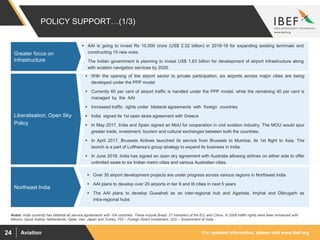 For updated information, please visit www.ibef.orgAviation24
Rising private
participation and
Investments
POLICY SUPPORT…(1/3)
Notes: India currently has bilateral air service agreements with 104 countries. These include Brazil, 27 members of the EU, and China. In 2008 traffic rights were been enhanced with
Mexico, Saudi Arabia, Netherlands, Qatar, Iran, Japan and Turkey, FDI – Foreign Direct Investment, GOI – Government of India
 Over 30 airport development projects are under progress across various regions in Northeast India
 AAI plans to develop over 20 airports in tier II and III cities in next 5 years
 The AAI plans to develop Guwahati as an inter-regional hub and Agartala, Imphal and Dibrugarh as
intra-regional hubs
Rising private
participation and
Investments
Northeast India
 With the opening of the airport sector to private participation, six airports across major cities are being
developed under the PPP model
 Currently 60 per cent of airport traffic is handled under the PPP model, while the remaining 40 per cent is
managed by the AAI
 Increased traffic rights under bilateral agreements with foreign countries
 India signed its 1st open skies agreement with Greece
 In May 2017, India and Spain signed an MoU for cooperation in civil aviation industry. The MOU would spur
greater trade, investment, tourism and cultural exchanges between both the countries.
 In April 2017, Brussels Airlines launched its service from Brussels to Mumbai, its 1st flight to Asia. The
launch is a part of Lufthansa’s group strategy to expand its business in India.
 In June 2018, India has signed an open sky agreement with Australia allowing airlines on either side to offer
unlimited seats to six Indian metro cities and various Australian cities.
Rising private participation
and Investments
Liberalisation, Open Sky
Policy
 AAI is going to invest Rs 15,000 crore (US$ 2.32 billion) in 2018-19 for expanding existing terminals and
constructing 15 new ones.
 The Indian government is planning to invest US$ 1.83 billion for development of airport infrastructure along
with aviation navigation services by 2026.
Rising private
participation and
Investments
Rising private participation
and Investments
Greater focus on
infrastructure
 