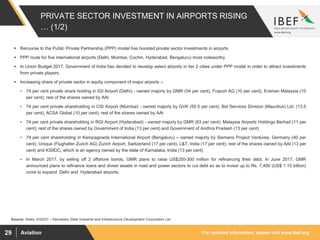 For updated information, please visit www.ibef.orgAviation29
PRIVATE SECTOR INVESTMENT IN AIRPORTS RISING
… (1/2)
 Recourse to the Public Private Partnership (PPP) model has boosted private sector investments in airports
 PPP route for five international airports (Delhi, Mumbai, Cochin, Hyderabad, Bengaluru) most noteworthy
 In Union Budget 2017, Government of India has decided to develop select airports in tier 2 cities under PPP model in order to attract investments
from private players.
 Increasing share of private sector in equity component of major airports –
• 74 per cent private share holding in IGI Airport (Delhi) - owned majorly by GMR (54 per cent), Fraport AG (10 per cent), Eraman Malaysia (10
per cent); rest of the shares owned by AAI
• 74 per cent private shareholding in CSI Airport (Mumbai) - owned majorly by GVK (50.5 per cent), Bid Services Division (Mauritius) Ltd. (13.5
per cent), ACSA Global (10 per cent); rest of the shares owned by AAI
• 74 per cent private shareholding in RGI Airport (Hyderabad) - owned majorly by GMR (63 per cent), Malaysia Airports Holdings Berhad (11 per
cent); rest of the shares owned by Government of India (13 per cent) and Government of Andhra Pradesh (13 per cent)
• 74 per cent shareholding in Kempagowda International Airport (Bengaluru) – owned majorly by Siemens Project Ventures, Germany (40 per
cent), Unique (Flughafen Zurich AG) Zurich Airport, Switzerland (17 per cent), L&T, India (17 per cent); rest of the shares owned by AAI (13 per
cent) and KSIIDC, which is an agency owned by the state of Karnataka, India (13 per cent)
• In March 2017, by selling off 2 offshore bonds, GMR plans to raise US$250-300 million for refinancing their debt. In June 2017, GMR
announced plans to refinance loans and divest assets in road and power sectors to cut debt so as to invest up to Rs. 7,400 (US$ 1.15 billion)
crore to expand Delhi and Hyderabad airports.
Source: Notes: KSIIDC – Karnataka State Industrial and Infrastructure Development Corporation Ltd.
 