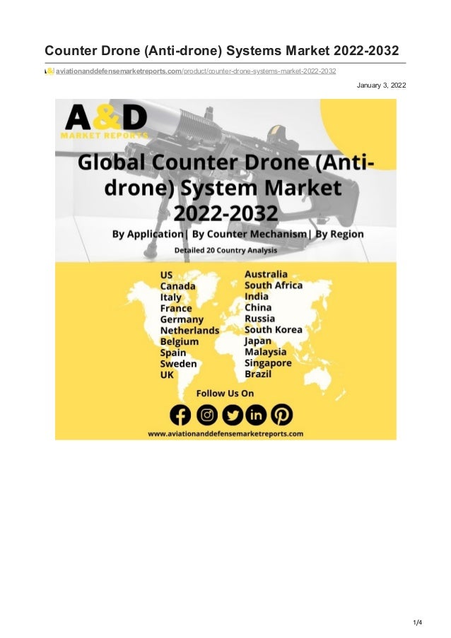 1/4
January 3, 2022
Counter Drone (Anti-drone) Systems Market 2022-2032
aviationanddefensemarketreports.com/product/counter-drone-systems-market-2022-2032
 