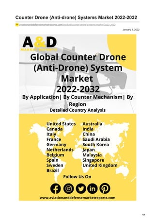 1/4
January 3, 2022
Counter Drone (Anti-drone) Systems Market 2022-2032
aviationanddefensemarketreports.com/product/counter-drone-systems-market-2022-2032
 