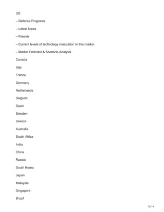 12/14
US
– Defense Programs
– Latest News
– Patents
– Current levels of technology maturation in this market
– Market Forecast & Scenario Analysis
Canada
Italy
France
Germany
Netherlands
Belgium
Spain
Sweden
Greece
Australia
South Africa
India
China
Russia
South Korea
Japan
Malaysia
Singapore
Brazil
 