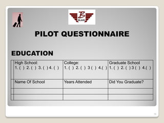 PILOT QUESTIONNAIRE

EDUCATION
High School:                  College:                  Graduate School
1. ( ) 2. ( ) 3. ( ) 4. ( )   1. ( ) 2. ( ) 3 ( ) 4.( ) 1. ( ) 2. ( ) 3 ( ) 4.( )


Name Of School                Years Attended            Did You Graduate?




                                                                                    16
 