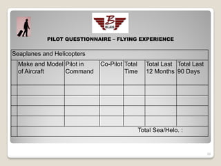 PILOT QUESTIONNAIRE – FLYING EXPERIENCE


Seaplanes and Helicopters
  Make and Model Pilot in   Co-Pilot Total      Total Last Total Last
  of Aircraft    Command             Time       12 Months 90 Days




                                             Total Sea/Helo. :


                                                                        20
 