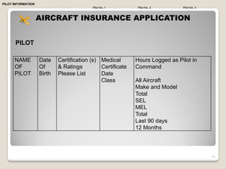 PILOT INFORMATION
                                          Pilot No. 1       Pilot No. 2       Pilot No. 3



                    AIRCRAFT INSURANCE APPLICATION


      PILOT

      NAME          Date    Certification (s) Medical       Hours Logged as Pilot in
      OF            Of      & Ratings         Certificate   Command
      PILOT         Birth   Please List       Date
                                              Class         All Aircraft
                                                            Make and Model
                                                            Total
                                                            SEL
                                                            MEL
                                                            Total
                                                            Last 90 days
                                                            12 Months




                                                                                            31
 