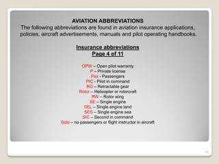 AVIATION ABBREVIATIONS
The following abbreviations are found in aviation insurance applications,
policies, aircraft advertisements, manuals and pilot operating handbooks.

                        Insurance abbreviations
                              Page 4 of 11

                           OPW – Open pilot warranty
                               P – Private license
                               Pax - Passengers
                             PIC - Pilot in command
                             RG – Retractable gear
                         Rotor – Helicopter or rotorcraft
                                RW – Rotor wing
                               SE – Single engine
                            SEL – Single engine land
                            SES – Single engine sea
                           SIC – Second in command
                Solo – no passengers or flight instructor in aircraft




                                                                            51
 