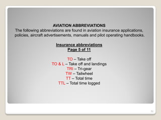 AVIATION ABBREVIATIONS
The following abbreviations are found in aviation insurance applications,
policies, aircraft advertisements, manuals and pilot operating handbooks.

                       Insurance abbreviations
                             Page 5 of 11

                            TO – Take off
                    TO & L – Take off and landings
                            TRI – Tri-gear
                           TW – Tailwheel
                           TT – Total time
                       TTL – Total time logged




                                                                            52
 