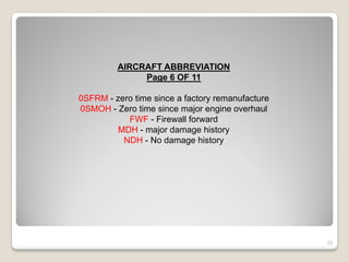 AIRCRAFT ABBREVIATION
              Page 6 OF 11

0SFRM - zero time since a factory remanufacture
0SMOH - Zero time since major engine overhaul
           FWF - Firewall forward
         MDH - major damage history
          NDH - No damage history




                                                  53
 