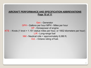AIRCRAFT PERFORMANCE AND SPECIFICATION ABBREVIATIONS
                      Page 10 of 11


                              Gen - Generator
                GPH - Gallons per hour MPH - Miles per hour
                         HP - Horsepower of engine
KTS - Knots (1 knot = 1.151 statue miles per hour, or 1852 kilometers per hour)
                            L/R - Long-range fuel
                 NM - Nautical mile = approximately 6,080 ft.
                         Oct. - Octane rating of fuel.




                                                                                  57
 