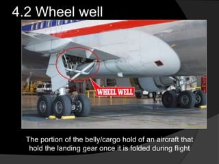 4.2 Wheel well
The portion of the belly/cargo hold of an aircraft that
hold the landing gear once it is folded during flight
 