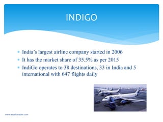  India’s largest airline company started in 2006
 It has the market share of 35.5% as per 2015
 IndiGo operates to 38 destinations, 33 in India and 5
international with 647 flights daily
INDIGO
www.excellatrader.com
 