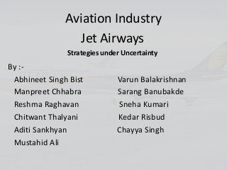 Aviation Industry
Jet Airways
Strategies under Uncertainty

By :Abhineet Singh Bist
Manpreet Chhabra
Reshma Raghavan
Chitwant Thalyani
Aditi Sankhyan
Mustahid Ali

Varun Balakrishnan
Sarang Banubakde
Sneha Kumari
Kedar Risbud
Chayya Singh

 