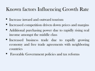 Known factors Influencing Growth Rate
 Increase inward and outward tourism
 Increased competition driven down prices and margins
 Additional purchasing power due to rapidly rising real
  income amongst the middle class
 Increased business trade due to rapidly growing
  economy and free trade agreements with neighboring
  countries
 Favorable Government policies and tax reforms
 