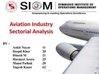 Aviation Industry
Sectorial Analysis
BY –
Ankit Nayar
Deepti Kher
Dinesh M
Harmeet Arora
Mansi Pathak
Yogesh Kasar

11
20
21
25
28
62
OSI

1

 