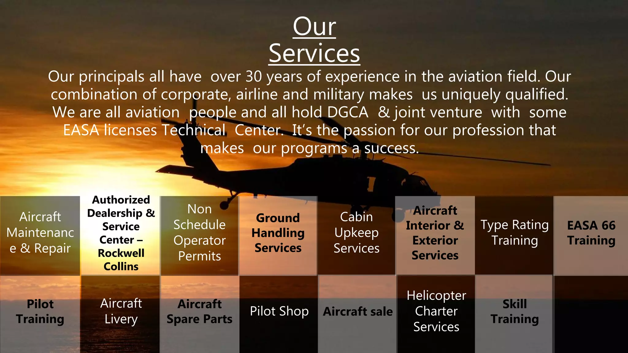 Our
Services
Our principals all have over 30 years of experience in the aviation field. Our
combination of corporate, airline and military makes us uniquely qualified.
We are all aviation people and all hold DGCA & joint venture with some
EASA licenses Technical Center. It’s the passion for our profession that
makes our programs a success.
Pilot
Training
Aircraft
Livery
Aircraft
Spare Parts
Pilot Shop
Non
Schedule
Operator
Permits
Ground
Handling
Services
Cabin
Upkeep
Services
Aircraft
Interior &
Exterior
Services
Type Rating
Training
Aircraft sale
Helicopter
Charter
Services
Aircraft
Maintenanc
e & Repair
Authorized
Dealership &
Service
Center –
Rockwell
Collins
Skill
Training
EASA 66
Training
 