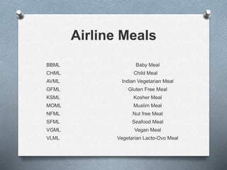 Airline Meals
BBML Baby Meal
CHML Child Meal
AVML Indian Vegetarian Meal
GFML Gluten Free Meal
KSML Kosher Meal
MOML Muslim Meal
NFML Nut free Meal
SFML Seafood Meal
VGML Vegan Meal
VLML Vegetarian Lacto-Ovo Meal
 