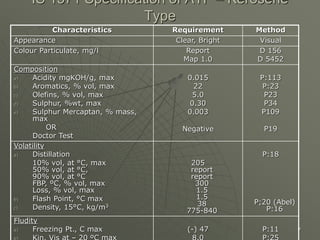 7
IS 1571 Specification of ATF – Kerosene
Type
Characteristics Requirement Method
Appearance Clear, Bright Visual
Colour Particulate, mg/l Report
Map 1.0
D 156
D 5452
Composition
a) Acidity mgKOH/g, max
b) Aromatics, % vol, max
c) Olefins, % vol, max
d) Sulphur, %wt, max
e) Sulphur Mercaptan, % mass,
max
OR
Doctor Test
0.015
22
5.0
0.30
0.003
Negative
P:113
P:23
P23
P34
P109
P19
Volatility
a) Distillation
10% vol, at °C, max
50% vol, at °C,
90% vol, at °C
FBP, ºC, % vol, max
Loss, % vol, max
b) Flash Point, °C max
c) Density, 15°C, kg/m3
205
report
report
300
1.5
1.5
38
775-840
P:18
P;20 (Abel)
P:16
Fludity
a) Freezing Pt., C max (-) 47 P:11
 