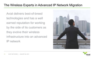 The Wireless Experts in Advanced IP Network MigrationAviat delivers best-of-breed technologies and has a well earned reputation for working by the side of its customers as they evolve their wireless infrastructure into an advanced IP networkJANUARY 28, 201010AVIAT NETWORKS   |