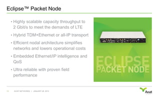 Eclipse™ Packet NodeHighly scalable capacity throughput to 2 Gbit/s to meet the demands of LTEHybrid TDM+Ethernet or all-IP transportEfficient nodal architecture simplifies networks and lowers operational costsEmbedded Ethernet/IP intelligence and QoSUltra reliable with proven field performanceJANUARY 28, 201013AVIAT NETWORKS   |