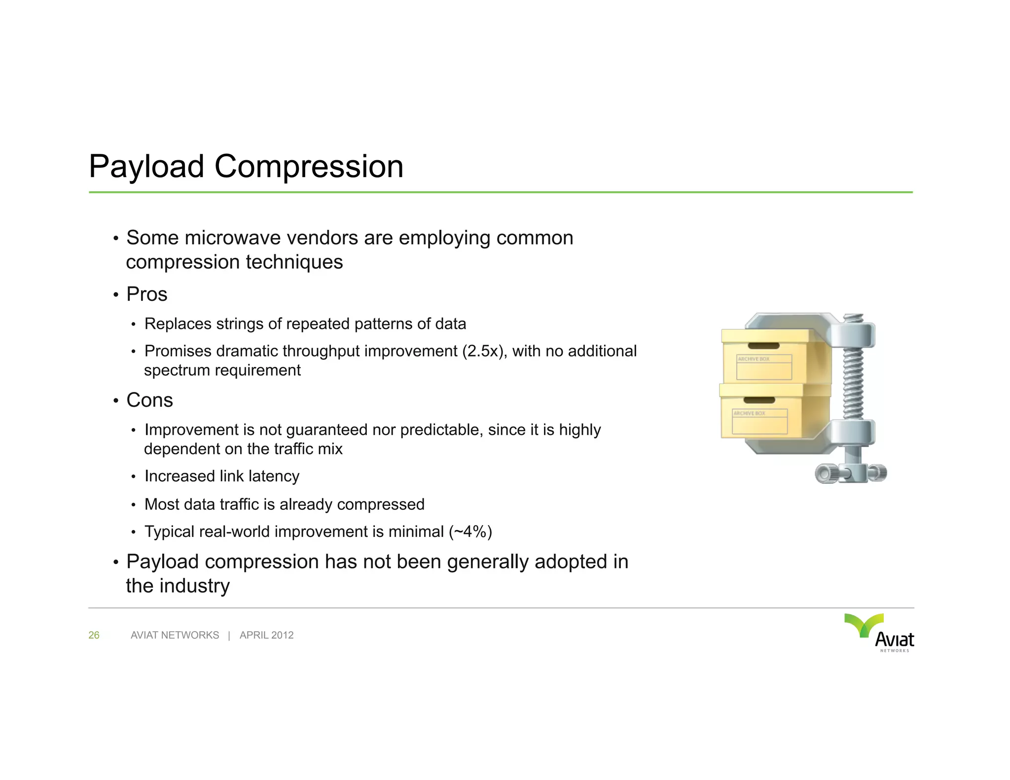 Payload Compression

     •  Some microwave vendors are employing common
      compression techniques
     •  Pros
       •  Replaces strings of repeated patterns of data
       •  Promises dramatic throughput improvement (2.5x), with no additional
         spectrum requirement
     •  Cons
       •  Improvement is not guaranteed nor predictable, since it is highly
         dependent on the traffic mix
       •  Increased link latency
       •  Most data traffic is already compressed
       •  Typical real-world improvement is minimal (~4%)

     •  Payload compression has not been generally adopted in
      the industry

26     AVIAT NETWORKS | APRIL 2012
 
