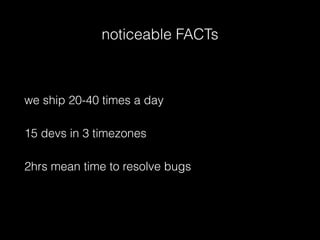 we ship 20-40 times a day
noticeable FACTs
15 devs in 3 timezones
2hrs mean time to resolve bugs
 