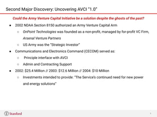 8
Second Major Discovery: Uncovering AVCI “1.0”
● 2002 NDAA Section 8150 authorized an Army Venture Capital Arm
○ OnPoint ...