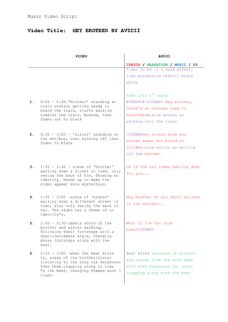 Music Video Script

Video Title:

HEY BROTHER BY AVICII

VIDEO

AUDIO
LYRICS / NARRATION / MUSIC / FX
Video to be in a dark effect,
like processing effect/ black
white
Fade into 1st scene

1.

2.

0:00 – 0:30–‘brother’ standing at
train station getting ready to
board the train, starts walking
towards the train, boards, then
fades out to black

WIDESHOT-CUTAWAY Hey brother,

0:30 – 1:00 – ‘sister’ standing on
the met/bus, then walking off then
fades to black

CUTAWAYHey sister know the

there’s an endless road to
discovered…slow motion as
walking onto the train

waters sweet but blood is
thicker…slow motion as walking
off the bus/met

3.

4.

5.

6.

1:00 – 1:30 – scene of ‘brother’
walking down a street in town, only
seeing the back of him. Showing no
identity. Hoods up to make the
video appear more mysterious.

Oh if the sky comes falling down

1:30 – 2:00 –scene of ‘sister’
walking down a different street in
town, also only seeing the back of
her. The video has a theme of no
identity’s.

Hey brother do you still believe

2:00 – 2:30–camera shots of the
brother and sister walking,
following their footsteps with a
down-low-camera angle, changing
whose footsteps along with the
beat.

What if I’m far from

2:30 – 3:00 –when the beat kicks
in, scene of the brother/sister
listening to the song via earphones
then them clapping along in time
To the beat, changing frames each 3
claps.

Beat kicks inscenes of brother

for you...

in one another...

home?CUTAWAY

and sister from the neck down
both with earphones in, start
clapping along with the beat

 