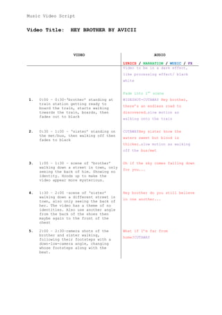 Music Video Script

Video Title:

HEY BROTHER BY AVICII

VIDEO

AUDIO
LYRICS / NARRATION / MUSIC / FX
Video to be in a dark effect,
like processing effect/ black
white
Fade into 1st scene

1.

2.

0:00 – 0:30–‘brother’ standing at
train station getting ready to
board the train, starts walking
towards the train, boards, then
fades out to black

WIDESHOT-CUTAWAY Hey brother,

0:30 – 1:00 – ‘sister’ standing on
the met/bus, then walking off then
fades to black

CUTAWAYHey sister know the

there’s an endless road to
discovered…slow motion as
walking onto the train

waters sweet but blood is
thicker…slow motion as walking
off the bus/met

3.

4.

5.

1:00 – 1:30 – scene of ‘brother’
walking down a street in town, only
seeing the back of him. Showing no
identity. Hoods up to make the
video appear more mysterious.

Oh if the sky comes falling down

1:30 – 2:00 –scene of ‘sister’
walking down a different street in
town, also only seeing the back of
her. The video has a theme of no
identities. Also use another angle
from the back of the shoes then
maybe again to the front of the
chest

Hey brother do you still believe

2:00 – 2:30–camera shots of the
brother and sister walking,
following their footsteps with a
down-low-camera angle, changing
whose footsteps along with the
beat.

What if I’m far from

for you...

in one another...

home?CUTAWAY

 