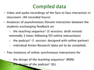 Video and audio recordings of the face to face interaction in classroom. (40 recorded hours) Instances of asynchronous (forum) interaction between the students exchanging feedback on: the teaching sequence* (5 sessions: draft revised  minimally 3 times following f2f/online interactions) the podcast* (1 session: designed with online partner) individual Action Research (data yet to be compiled). Two instances of online synchronous interactions for  the design of the teaching sequence* (MSN) the design of the podcast* (SL) 