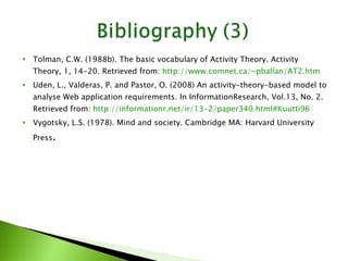 Tolman, C.W. (1988b). The basic vocabulary of Activity Theory. Activity Theory, 1, 14-20. Retrieved from:  http://www.comnet.ca/~pballan/AT2.htm   Uden, L., Valderas, P. and Pastor, O. (2008)  An activity-theory-based model to analyse Web application requirements. In InformationResearch, Vol.13, No. 2. Retrieved from:  http://informationr.net/ir/13-2/paper340.html#Kuutti96   Vygotsky, L.S. (1978). Mind and society. Cambridge MA: Harvard University Press . 
