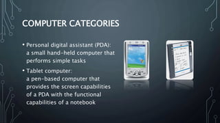 COMPUTER CATEGORIES
• Personal digital assistant (PDA):
a small hand-held computer that
performs simple tasks
• Tablet computer:
a pen-based computer that
provides the screen capabilities
of a PDA with the functional
capabilities of a notebook
 