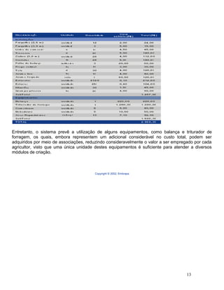 Entretanto, o sistema prevê a utilização de alguns equipamentos, como balança e triturador de
forragem, os quais, embora representem um adicional considerável no custo total, podem ser
adquiridos por meio de associações, reduzindo consideravelmente o valor a ser empregado por cada
agricultor, visto que uma única unidade destes equipamentos é suficiente para atender a diversos
módulos de criação.
Copyright © 2002, Embrapa
13
 